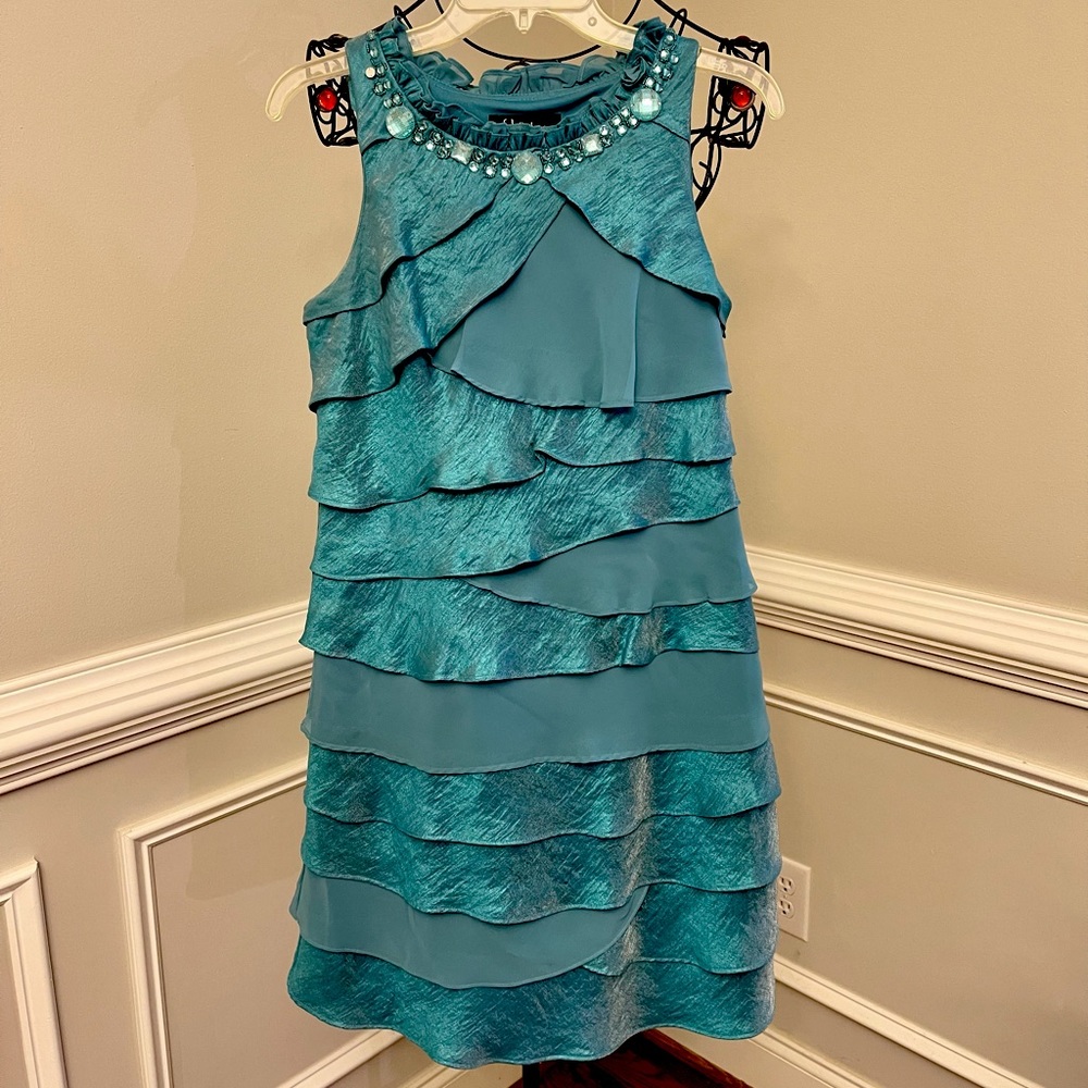 S.L. Fashion Tiered Cocktail Dress Jeweled & Ruffle Neck Mother of Bride Formal